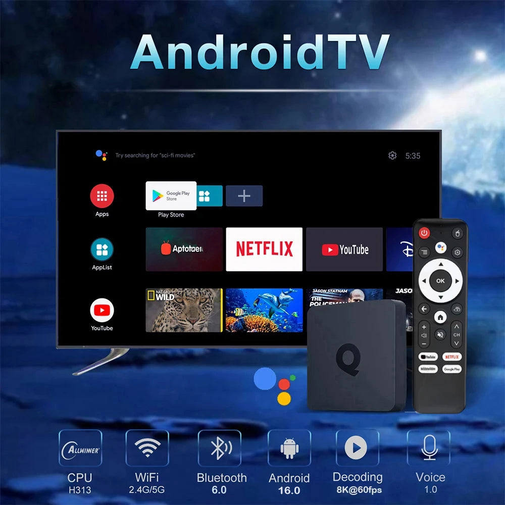 Smart TV Box Bluetooth 6.0 8K Q1 Android 16 Set Top Box Allwinner H313 Dual Wifi 5G 8GB128GB Google Voice Streaming Media Player