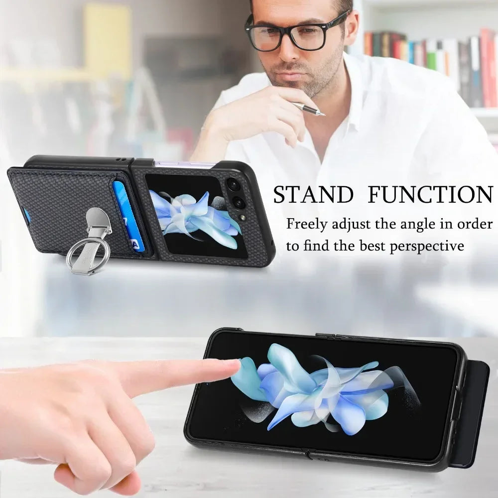 Luxury Ring Stand Leather Phone Case for Samsung Galaxy Z Flip 8 Flip 7 6 5 4 3 Flip7 FE Wallet Card Slot Shockproof Cover