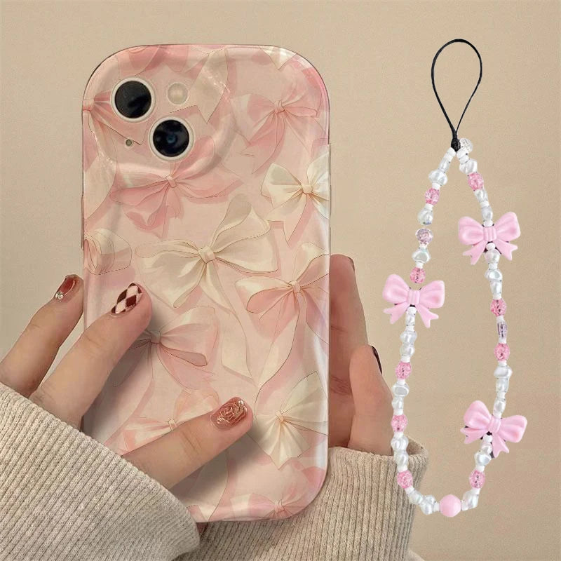Pink Bow Pattern Chain Case For Samsung Galaxy S25 Ultra S22 S21 S20 Plus S21FE S20FE S25FE A31 Soft Silicone Cover