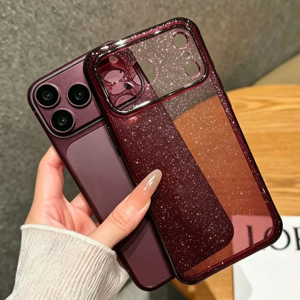Bling Glitter PC TPU Hybrid Case for Apple iPhone 18 17 16 15 Pro Max Hard Clear Transparent Lens Protection Soft Bumper Cover