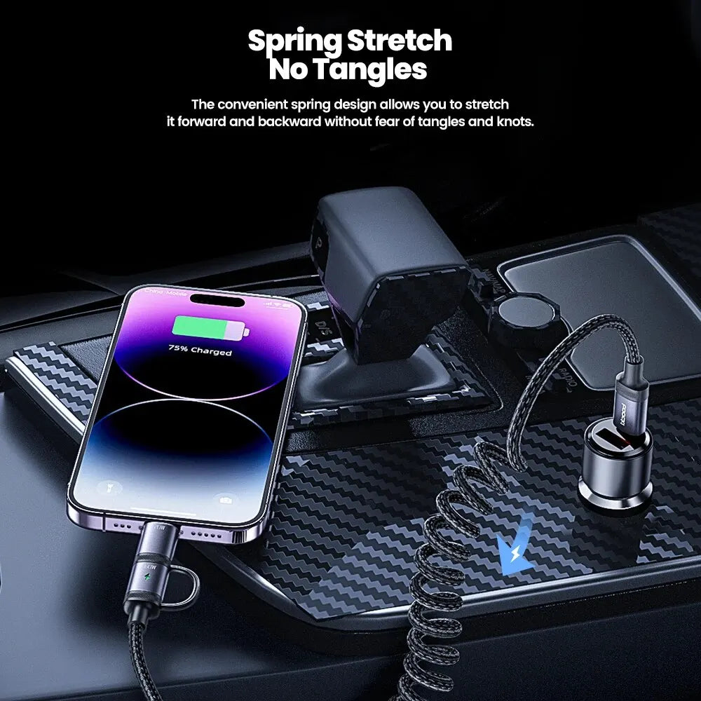 Toocki 2 in 1 PD 60W Type C Cable For iPhone 15 Pro Samsung S23 Xiaomi 2.4A Fast Charging USB Car Spring Cable For iPhone 14 13