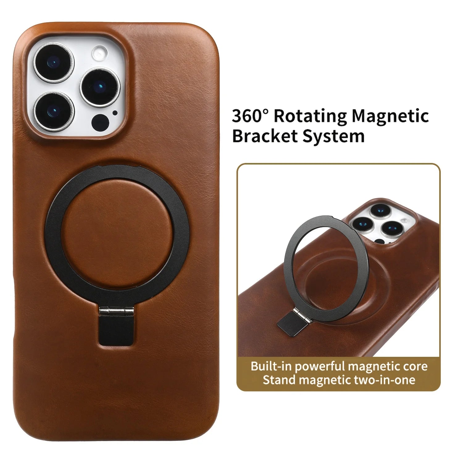 Stand Bracket Genuine Leather Case For iphone 16 Pro Max 16e 15pro 14 13 12 11 Full Wrapped Phone Cases Cover+Magnetic Holder