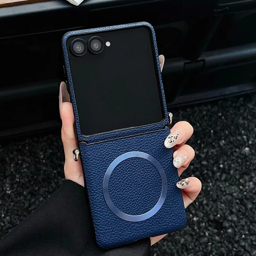 Original Lychee Pattern Leather for Magsafe Wireless Charging Case for Samsung Galaxy Z Flip 8 7 6 5 Strap Anti-drop Slim Cover