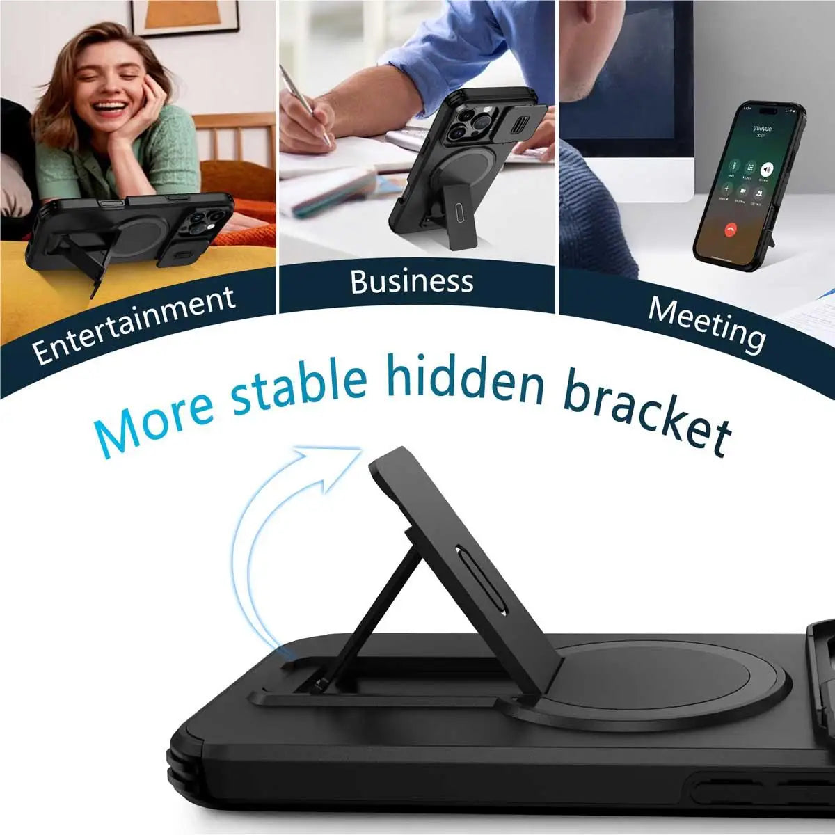 Heavy Duty Magnetic Camera Slide+Kickstand Phone Case For iPhone 16 15 14 13 12 11 Pro Max 16 15 14 Plus 13mini 12mini 16E17E 17