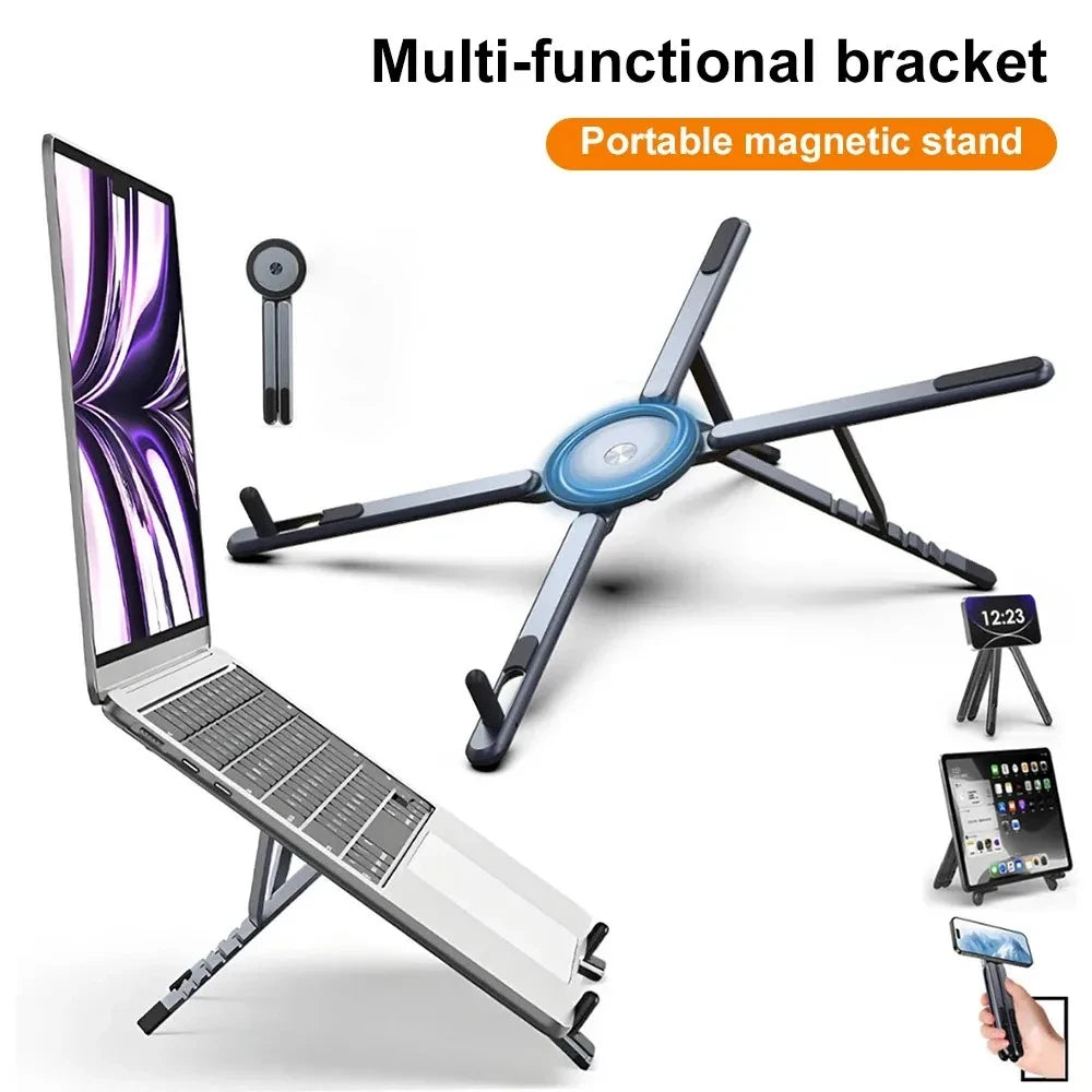 Portable Magnetic Phone Holder & Selfie Stick 3-in-1 Foldable Tripod Stand for iPhone iPad Tablet Laptop Desktop Use