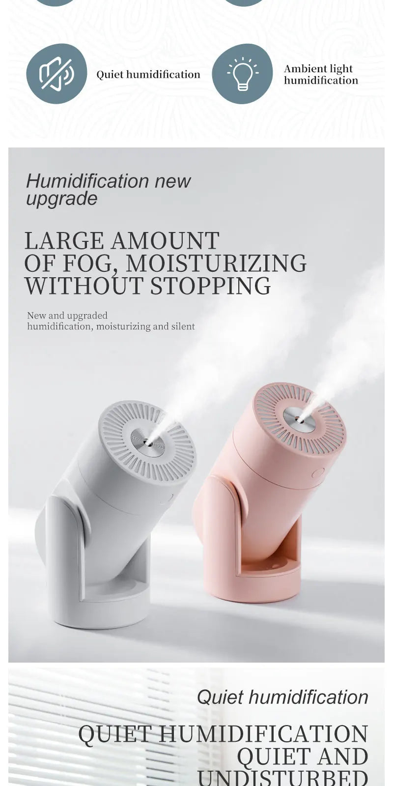 "360° Oscillating Humidifier & Air Purifier: Smart Desktop Mist Control with Ultra-Quiet USB Operation"