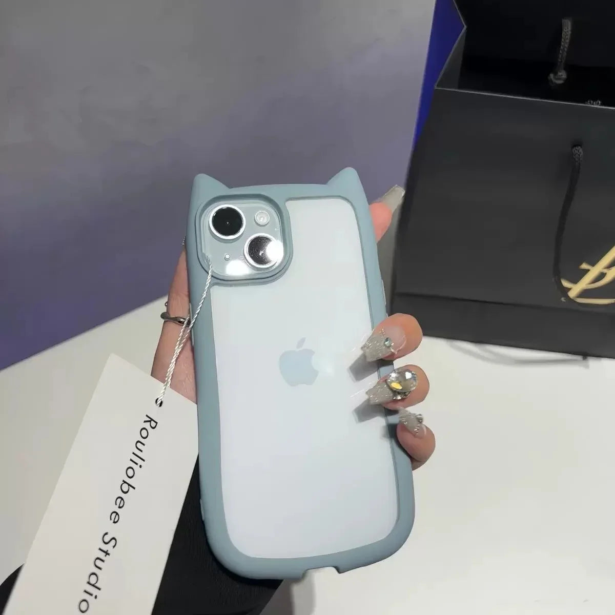 Cute Cat Ear Transparent Case For iPhone 17Air 12 13 14 15 16 Pro Max 11 Shockproof Acrylic Back Cover Silicone Kawaii Funda