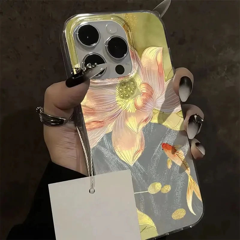 Feather Yarn Colorful Golden Lotus Koi Phone Case For iPhone 11 12 13 14 15 16 17 Air Pro Max XS XR X 7 8 Plus 16E SE 2 Cover