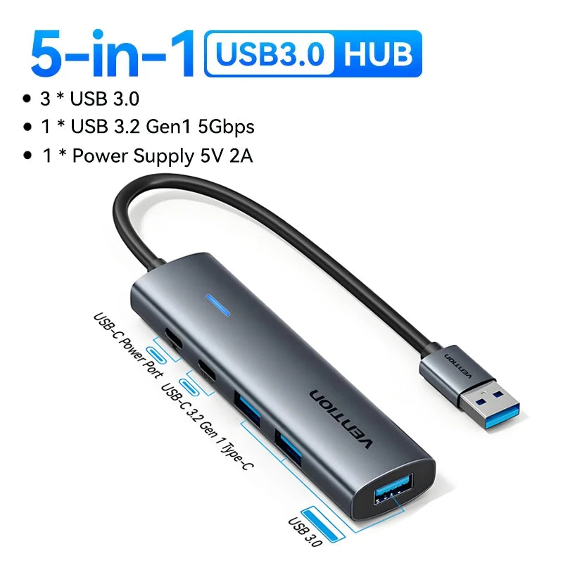 Vention USB A 3.0 HUB Metal Shell USB C 3.2 Gen 1 5Gbps Multi Adapter Splitter for Macbook Air Dell Lenovo PC Desktop Multi Hub