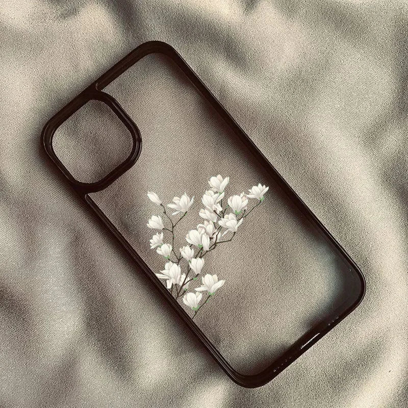 White Magnolia Flower Phone Case For iPhone 14 Pro 15 13 12Mini 11 XR XS Max 16 17 Air Plum Blossom Shockproof Clear Hard Cover