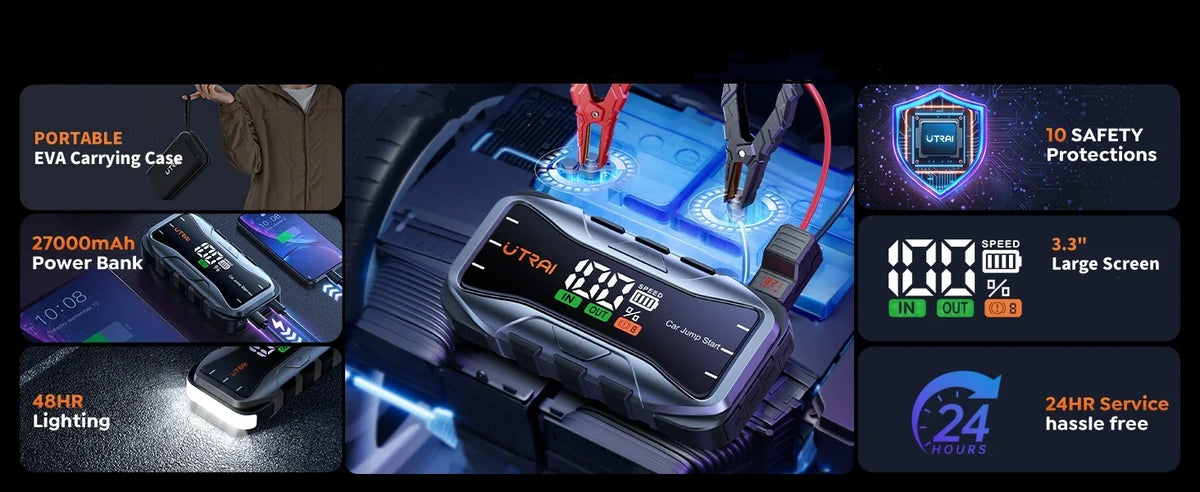 UTRAI  27000mAh Car Jump Starter Power Bank 6000A Car Booster Auto Emergency Starting Device Jump Start for Petrol Diesel