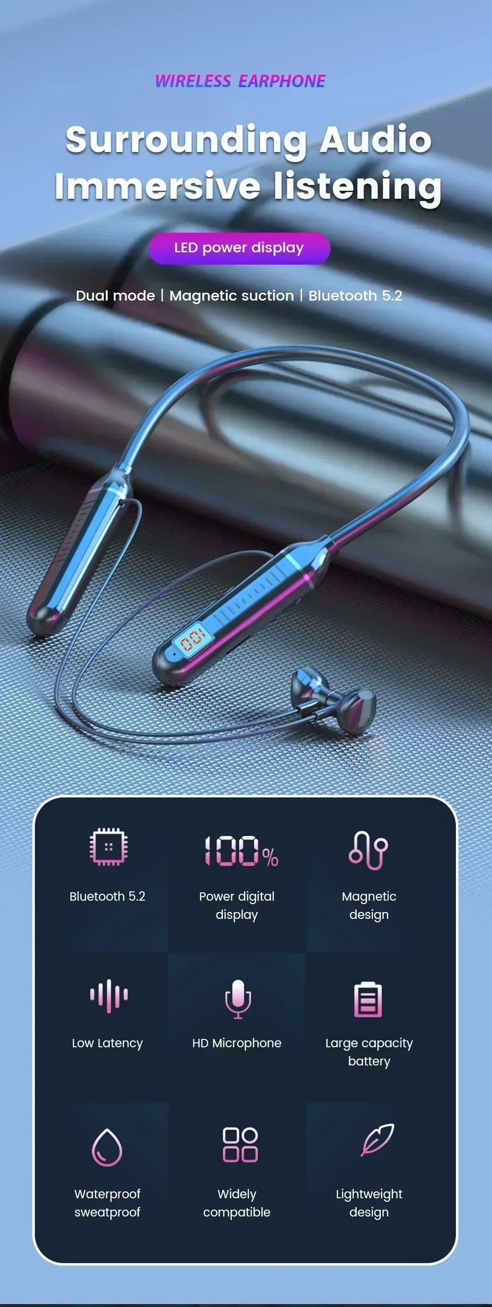 K58pro Wireless Earphones Bluetooth 5.3 Neckband Headphones Gaming LED Display HIFI Headset Sports TWS Earbuds With Mic TF Card