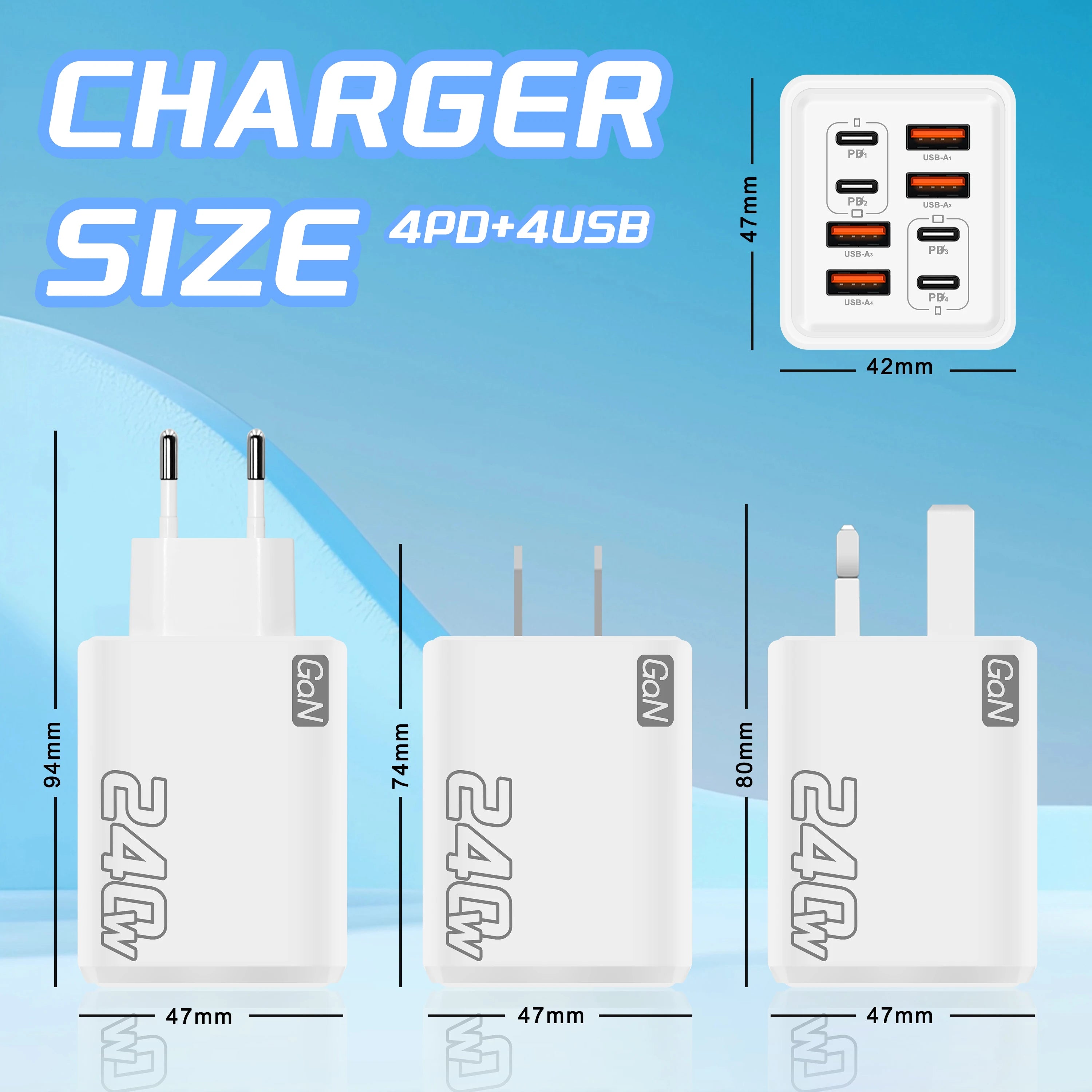 240W GaN USB C Charger 8 in 1 Fast Charging Phone Charger Power Adapter For iPhone Samsung Xiaomi Type C EU/US Plug Wall Charger