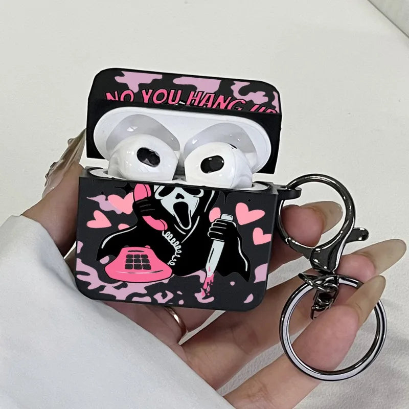Pink Ghostface Hard Earphone Case for AirPods 1or2, 3, 4, Pro2/Pro Case Stylish Bluetooth Headset Protective Cover with Keychain