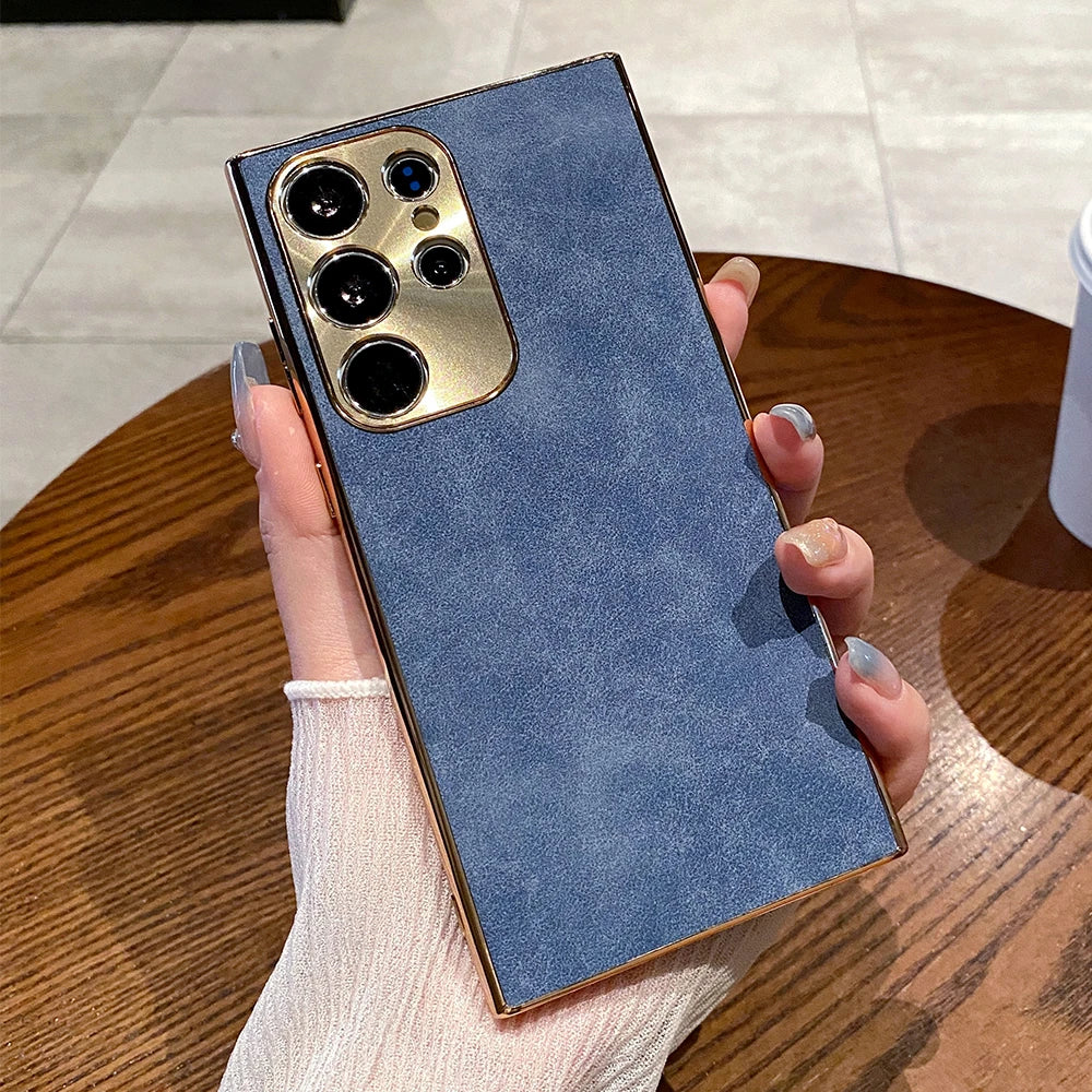 Luxury Plating Matte Suede Leather Case For Samsung Galaxy S26 S25 S24 Ultra S23 S22 Plus Camera Protection Shockproof Cover
