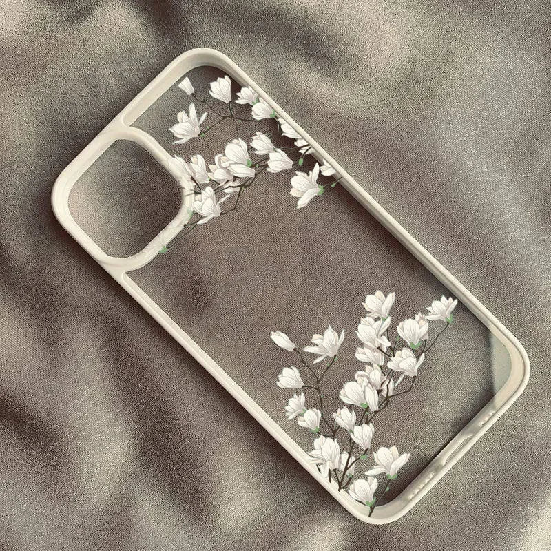White Magnolia Flower Phone Case For iPhone 14 Pro 15 13 12Mini 11 XR XS Max 16 17 Air Plum Blossom Shockproof Clear Hard Cover
