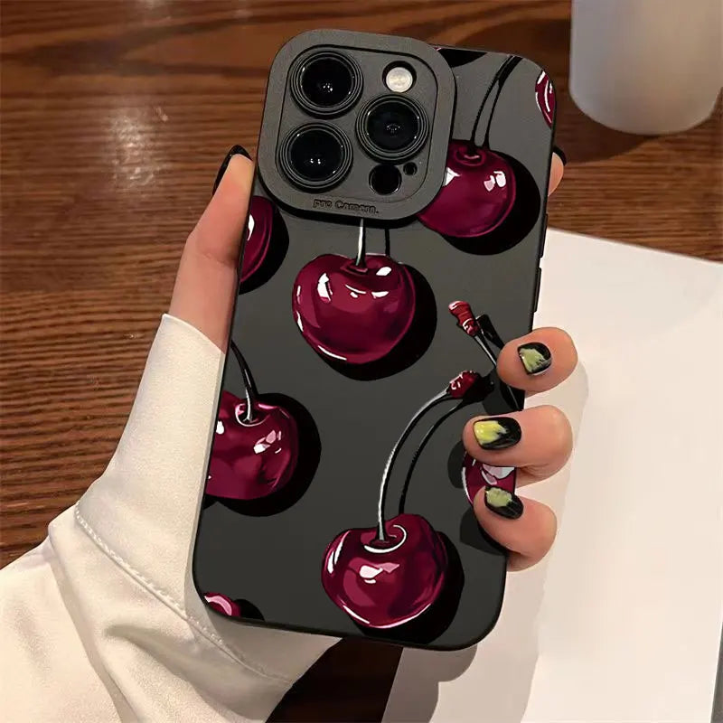Cute Deep Red Cherry Pattern Shockproof Phone Case For iPhone 17 Pro Max 16 15 14 13 12 11 XS X XR 14 Plus 17Air 16E Matte Cover