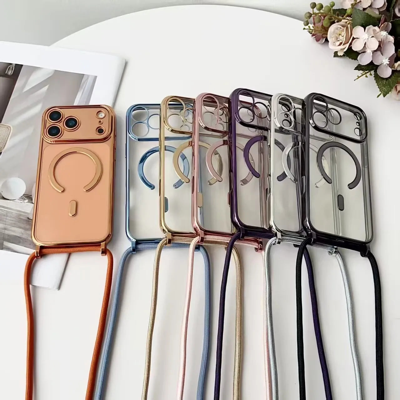 Luxury Necklace Cord Rope Lanyard Plating Magnetic Clear Phone Case For iPhone 17 Air 16 14 12 13 15 Pro Max For Magsafe Cover