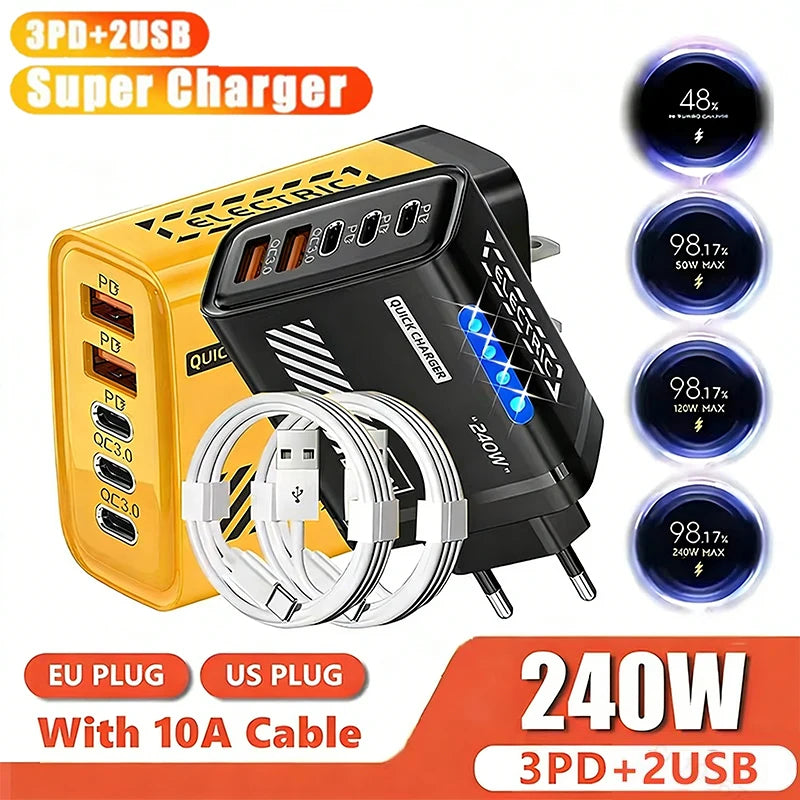 240W QC3.0 PD 5 Ports GaN Fast Charger US/EU Plug Phone Charging Head Adapter with LED Light for iPhone Samsung Huawei Xiaomi