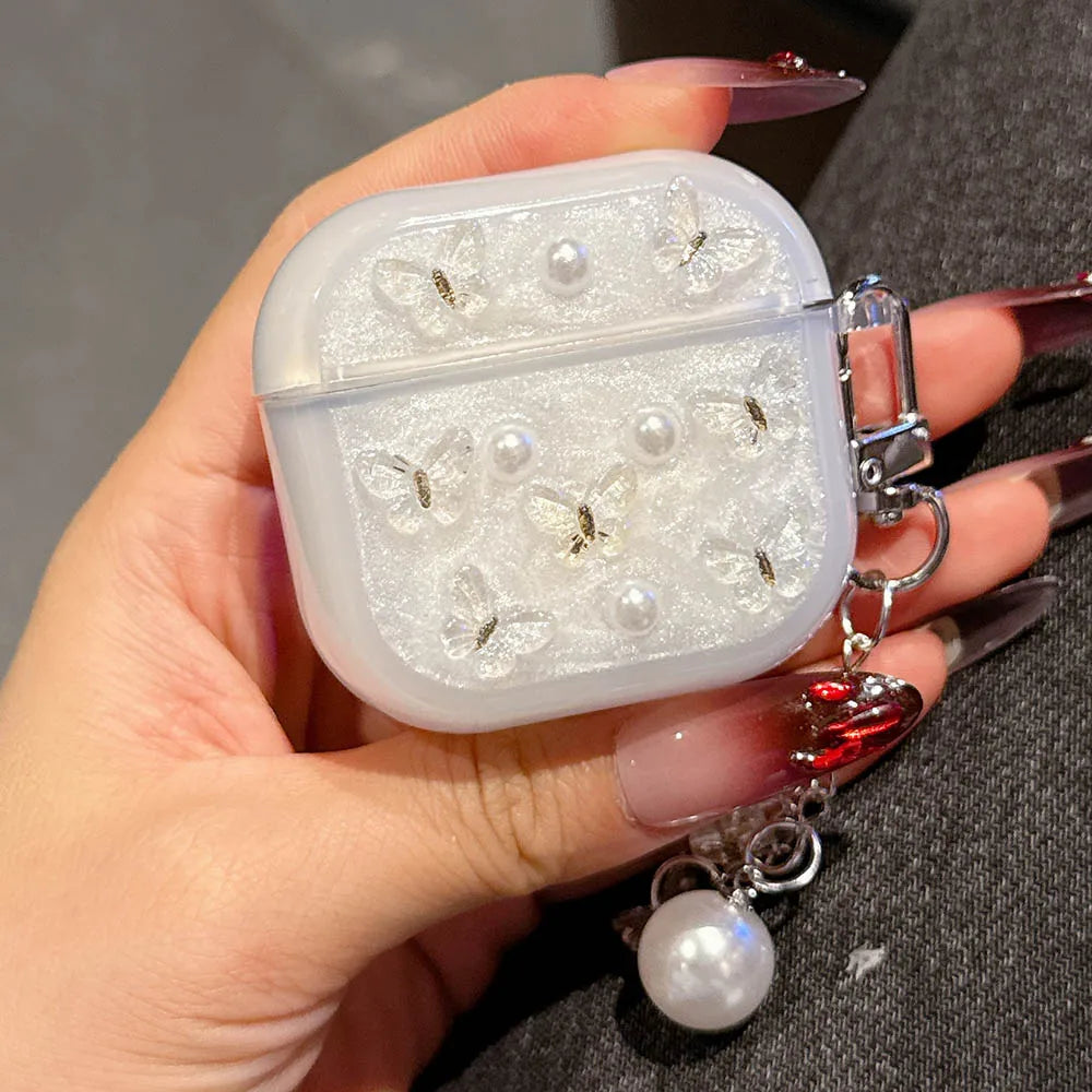 Bling Glitter Soft TPU Earphone Case with Keychain for Airpods Pro 2 Generation Air Pods 4 2024 3 2 1 3rd Gen 3D Butterfly Cover