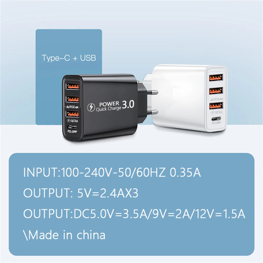USB Type C Charger 60W PD Fast Charging Phone Charger QC3.0 Wall Power Adapter Travel Charger for iPhone Xiaomi Samsung Huawei
