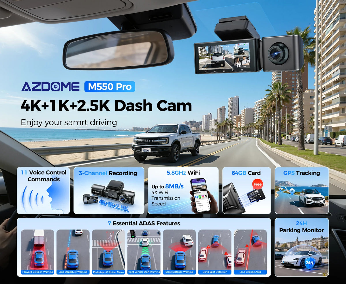 New AZDOME 4K M550 Pro Dash Cam Front Rear Interior 3 in 1 Car Camera 24H Parking Monitor Supercapacitor 5G WIFI GPS ADASCar DVR