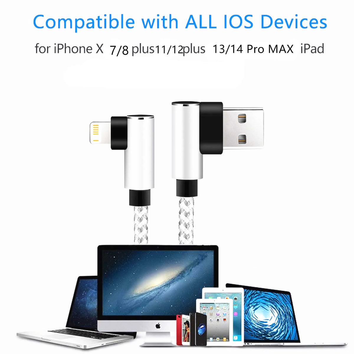 USB Cable 90 Degree For iPhone 14 13 12 11 Pro Max X XR 6s 7 8 Plus 1m 2m Lead Mobile Phone Fast Charging Cord Data Charger Wire