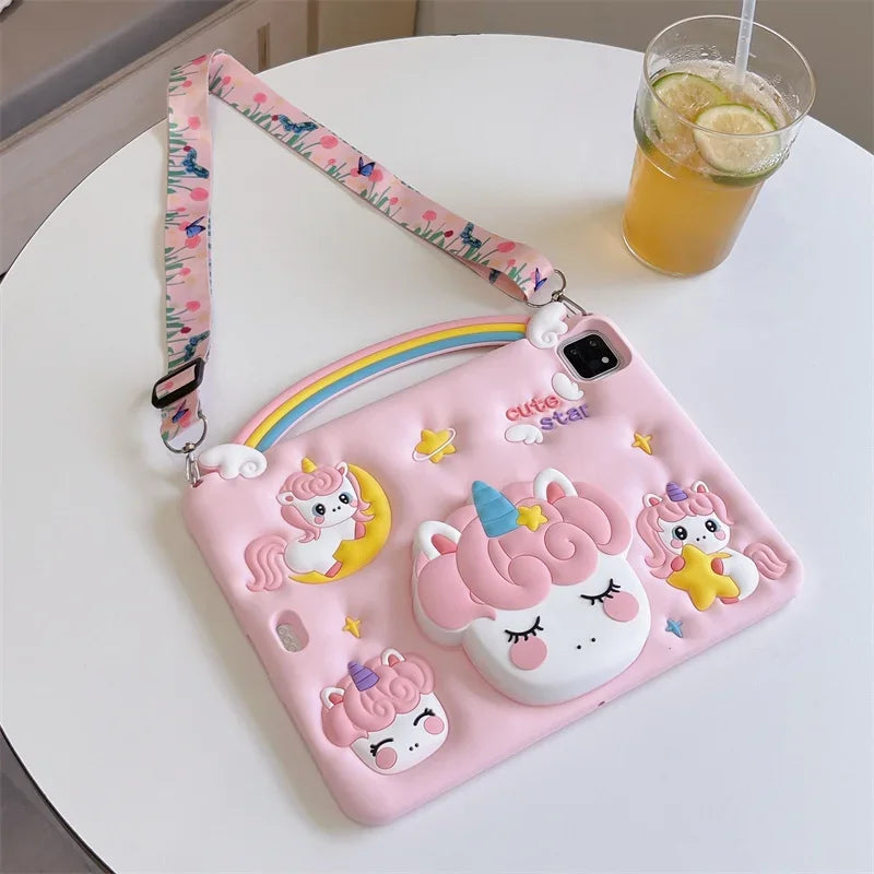 Kids Silicone Case For New iPad A16 11th/10th Generation iPad Air11 M3 M2 Mini Air 7 6 5 4 Pro11 M4 Cartoon Unicorn Holder Funda