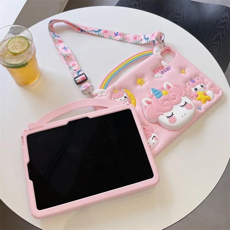 Kids Silicone Case For New iPad A16 11th/10th Generation iPad Air11 M3 M2 Mini Air 7 6 5 4 Pro11 M4 Cartoon Unicorn Holder Funda