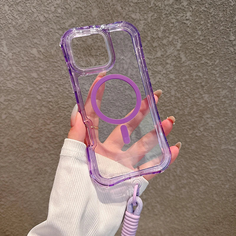 3IN1 Candy Color Clear Shockproof Phone Case for IPhone 17Air 16E 15 14 Plus 13 12 Pro Max Lanyard Magnetic Charge Protect Cover