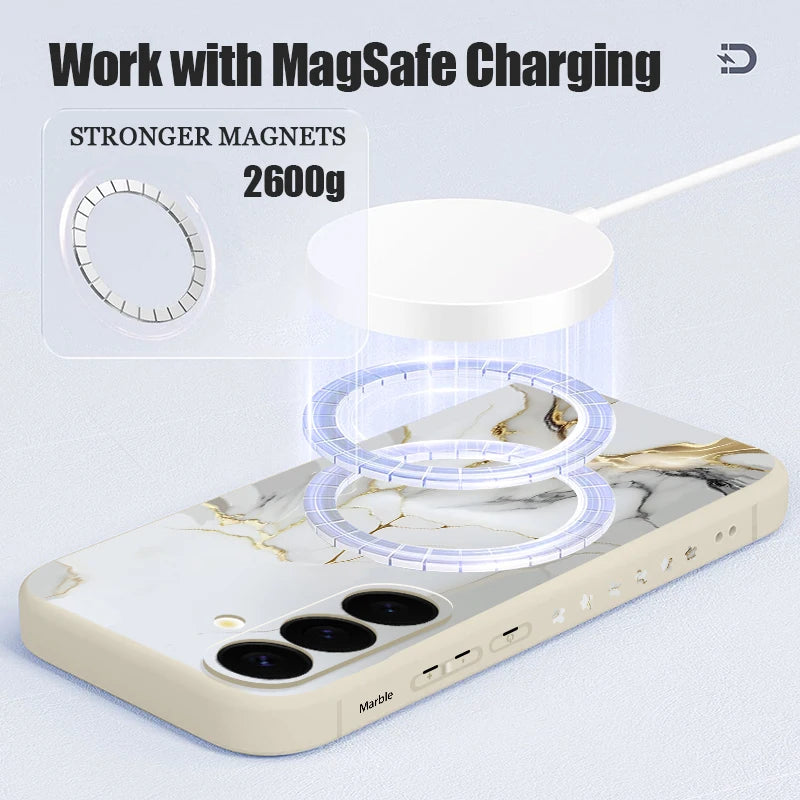 For Samsung Galaxy S26 S25 S24 S23 Ultra Plus S25 FE S22 Marble Case Magnetic For Magsafe Wireless Charge Silicone Lanyard Cover