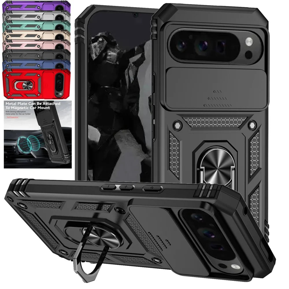 Shockproof Armor Funda For Google Pixel 6 7 8 9 10 Pro XL 10A 5G Slide Lens Protect Case For Pixel 6A 7A 8A 9A Ring Holder Cover