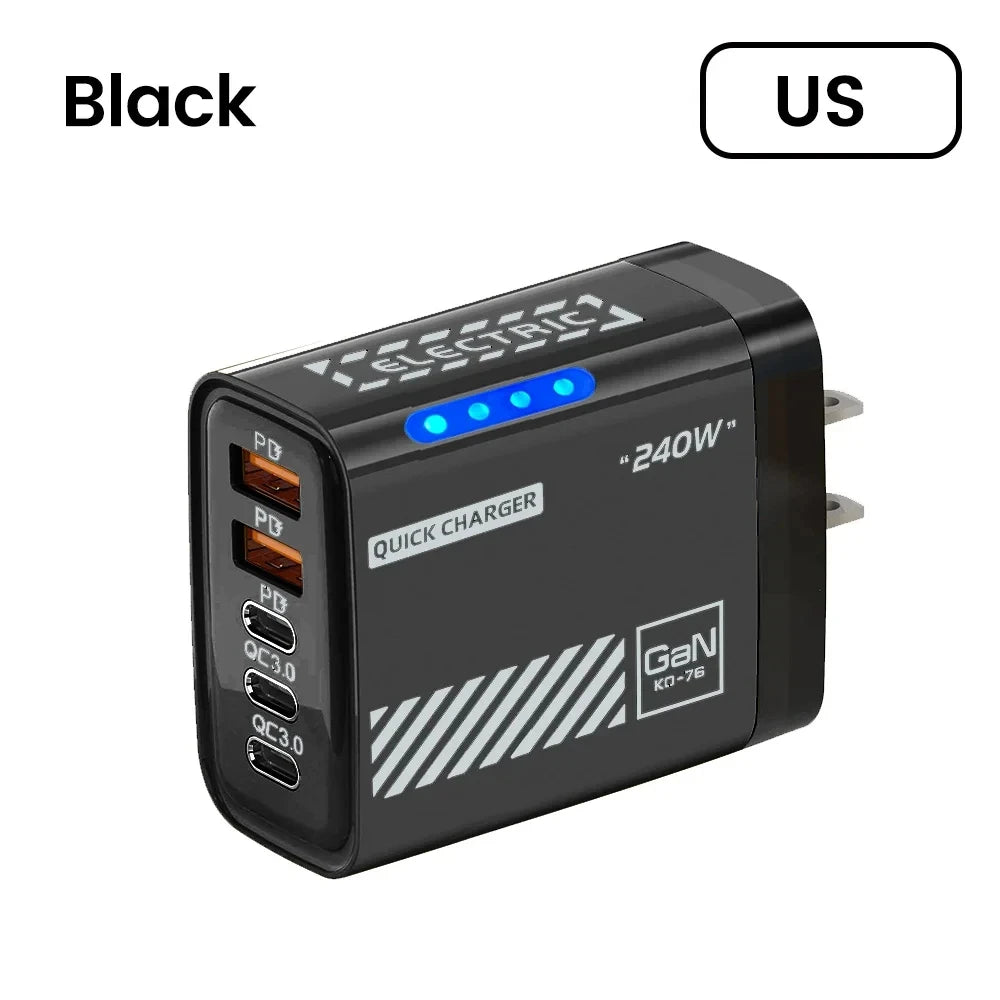 240W QC3.0 PD 5 Ports GaN Fast Charger US/EU Plug Phone Charging Head Adapter with LED Light for iPhone Samsung Huawei Xiaomi