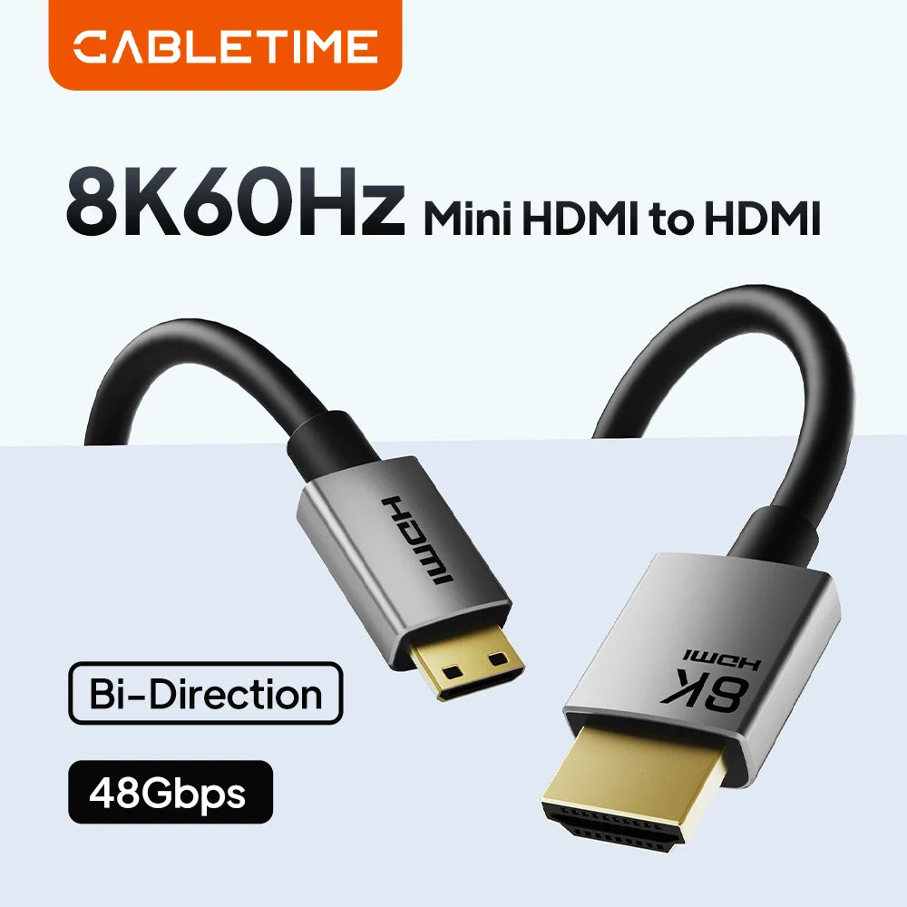 CABLETIME Mini HDMI to HDMI Cable HD 8K 60Hz High-Speed Mini HD 2.1 Cable 48Gbps HDMI 2.1 Cord for HDTV Tablet Camera