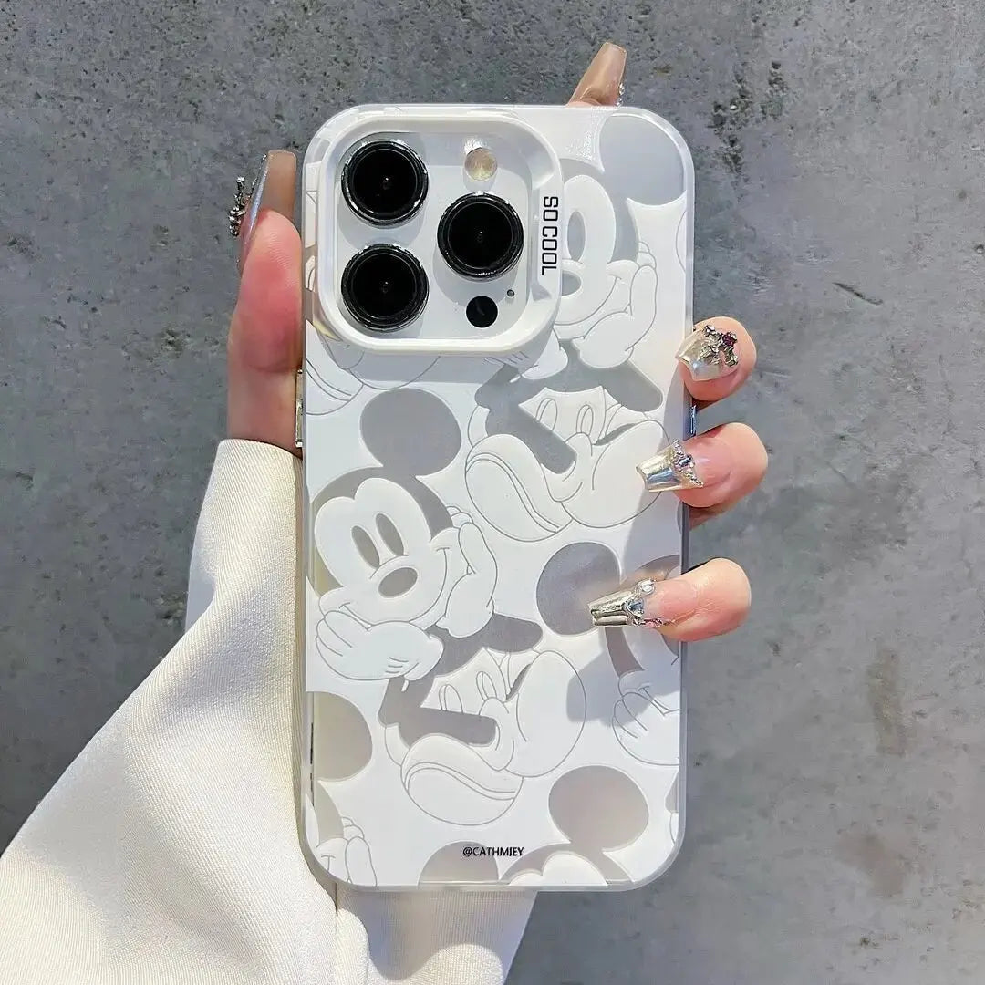Disney Mickey Minnie Mouse Head Phone Case For IPhone 14 15 16 17 Pro Max Plus 12 13 Mini 16E Casing Hard IMD Silver Laser Cover
