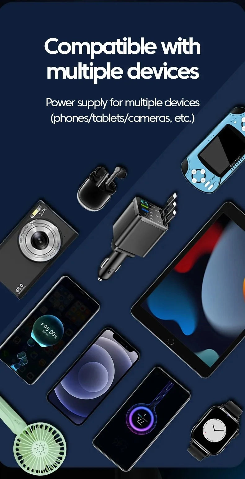 7 in 1 Car Charger Retractable USB C Cable Dual Type C Port Fast Charging Phone Adapter for iPhone Phone Car Cigarette Lighter