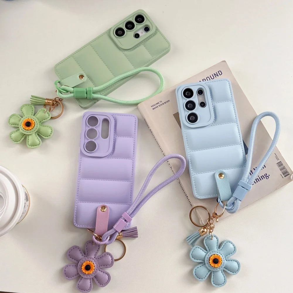 Soft Down Jacket Sunflower Case for Samsung Galaxy S26 S25 Ultra S24 S23 Plus S22 A55 A56 A16 A15 A35 Wrist Strap Lanyard Cover