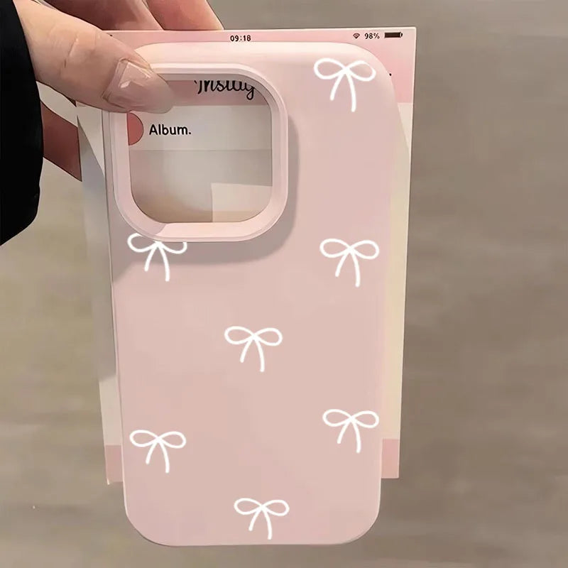 White And Pink Bow Love Heart Print Phone Case For iPhone 17 16 15 Pro Max 14 13 12 11 16 15 Plus 17 Air Shockproof Bumper Cover