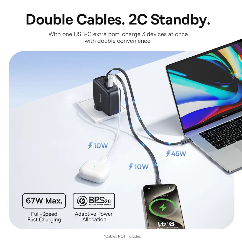 Baseus 67W 100W Fast Charger GaN Charger USB C Retractable Cable Phone Charger For iPhone Samsung Laptop Charger PD QC Charger