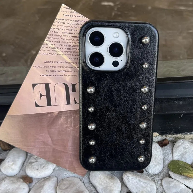 Personality Advanced Silver Round Rivet Solid Color Leather Shock Proof Phone Cover for iPhone 17Pro Max 16 15 14 13 Pro Max Cas