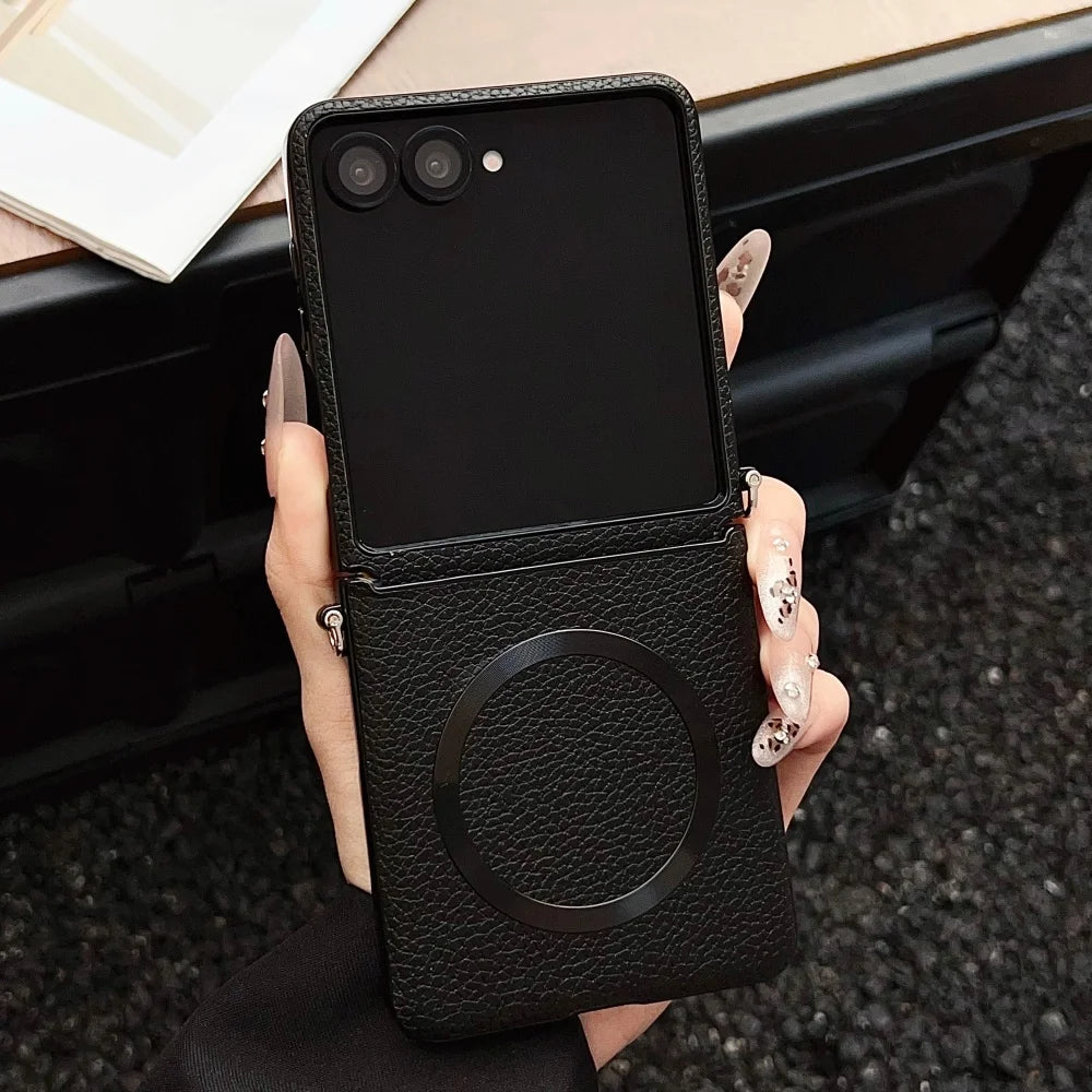 Original Lychee Pattern Leather for Magsafe Wireless Charging Case for Samsung Galaxy Z Flip 8 7 6 5 Strap Anti-drop Slim Cover