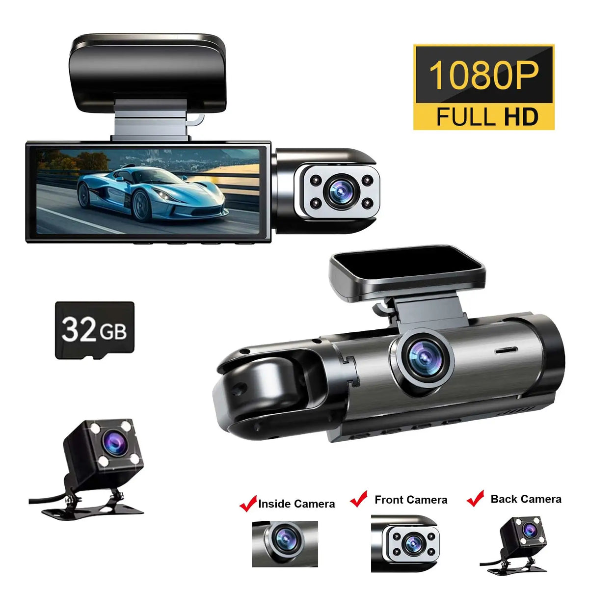 ZNLYRION M8-32GB Full HD 1080P Car Dashcam Front+Interior+Rear Camera 130° Wide Angle Night Vision G-Sensor Parking Monitor Car Driving Recorder