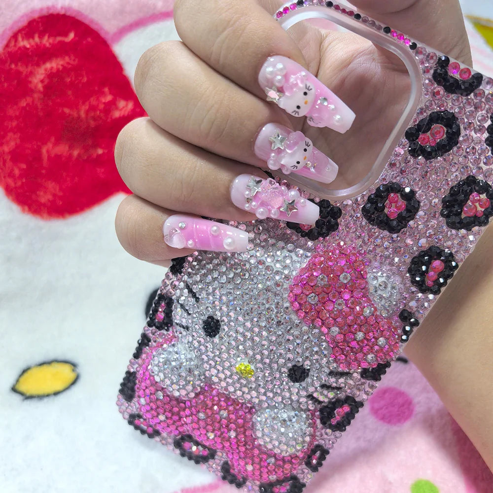 Kawaii Hello Kitty Rhinestone Bling Crystal Phone Case Chain for Iphone 7 8 17 16 15 14 13 12 11Pro Max Plus Shockproof Cover