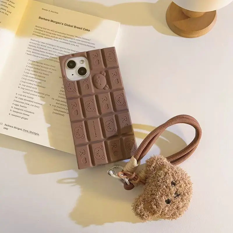 3D Chocolate Rilakkuma Phone Case For iPhone 17 16 Pro Max 15 14 Plus 13 12 11 Pro Max Soft Cover with Cute Bear Wrist Strap