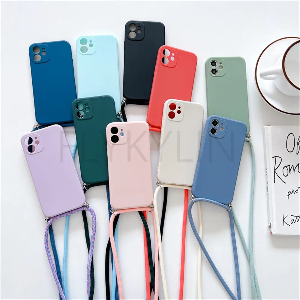 Crossbody Necklace Strap Lanyard Cord Phone Case For iPhone 13 12 MiNi 11 14 15 Pro X XR XS Max 6S 7 8 Plus Soft Silicone Cover