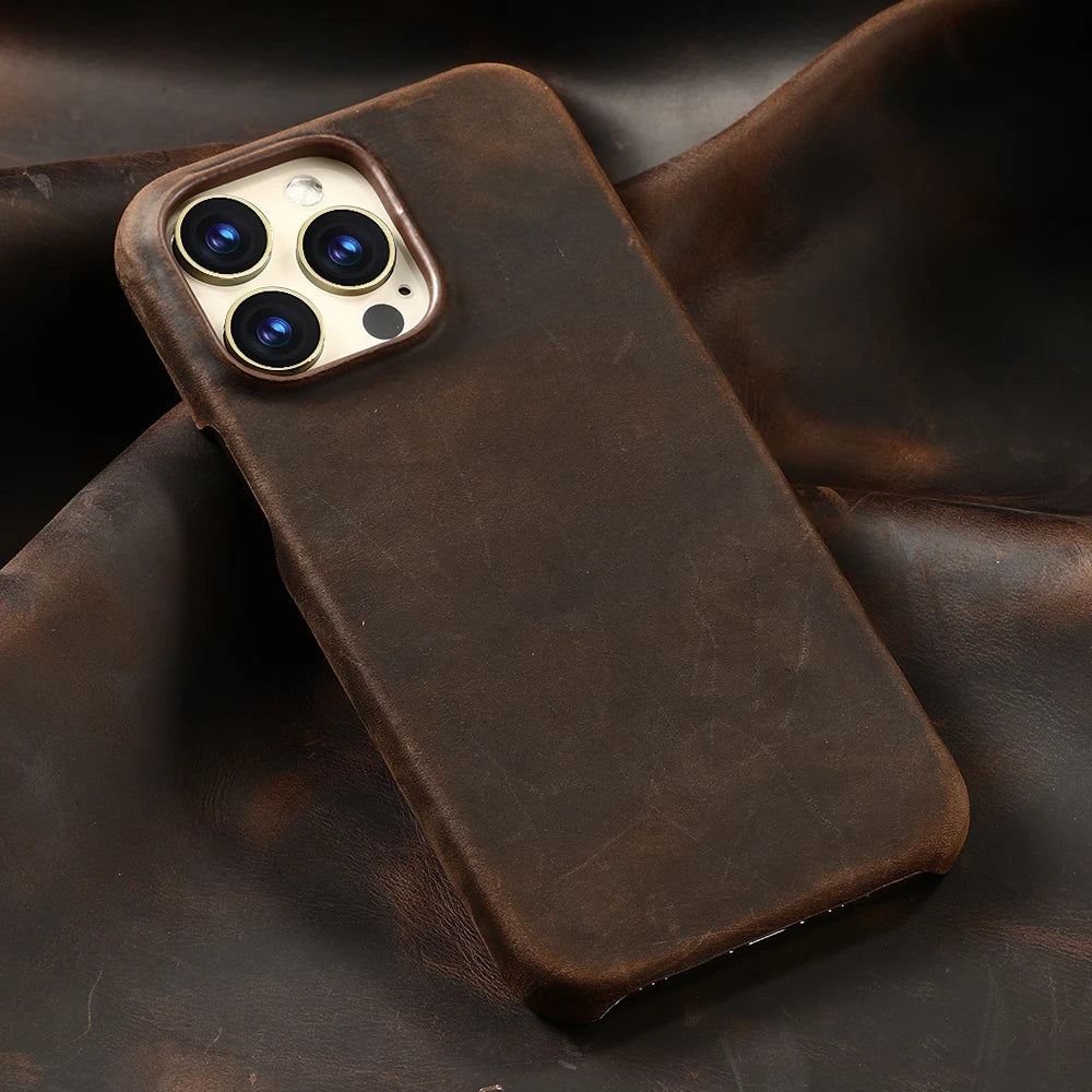 Retro Cowhide Phone Case for iPhone 17 16 15 13 14 Pro Max Air 16Pro 17Pro Luxury Crazy Horse Genuine PULL-UP Leather Back Cover