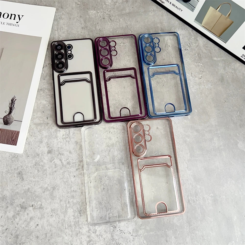 Card Pocket Wallet Clear Case For Samsung Galaxy S26 S25 Ultra S24 FE S23 S22 S21 Plus Ultra S26 Edge A55 A56 A26 Plating Cover
