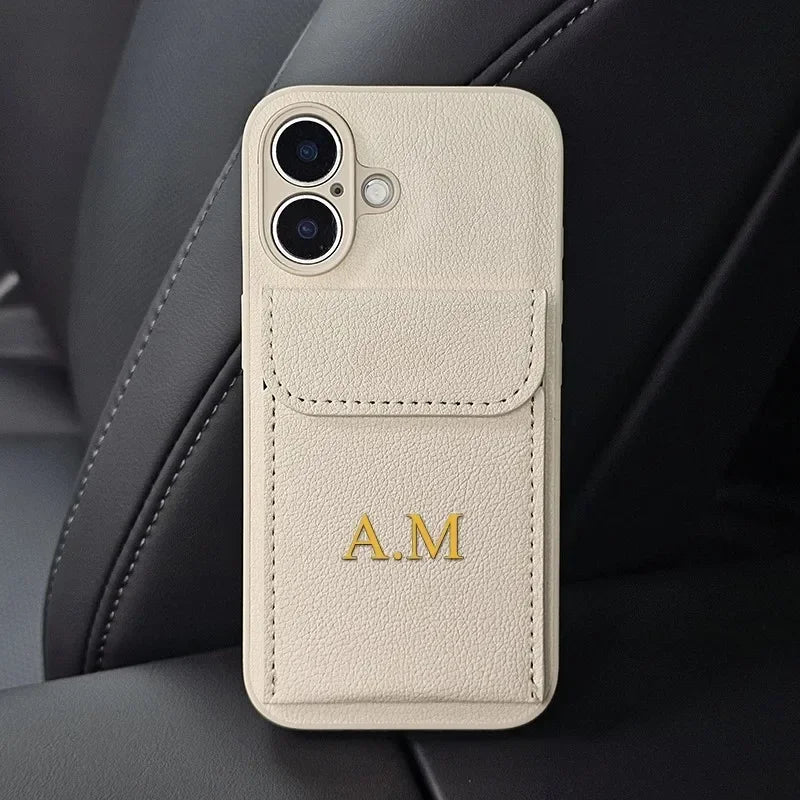Personalised Customized Name DIY Case For iPhone 17 16 15 14 13 12 11 Pro Max Xs Max Air Luxury Leather Card Holder Cover Funda
