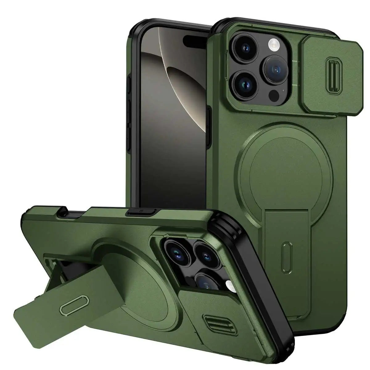 Heavy Duty Magnetic Camera Slide+Kickstand Phone Case For iPhone 16 15 14 13 12 11 Pro Max 16 15 14 Plus 13mini 12mini 16E17E 17