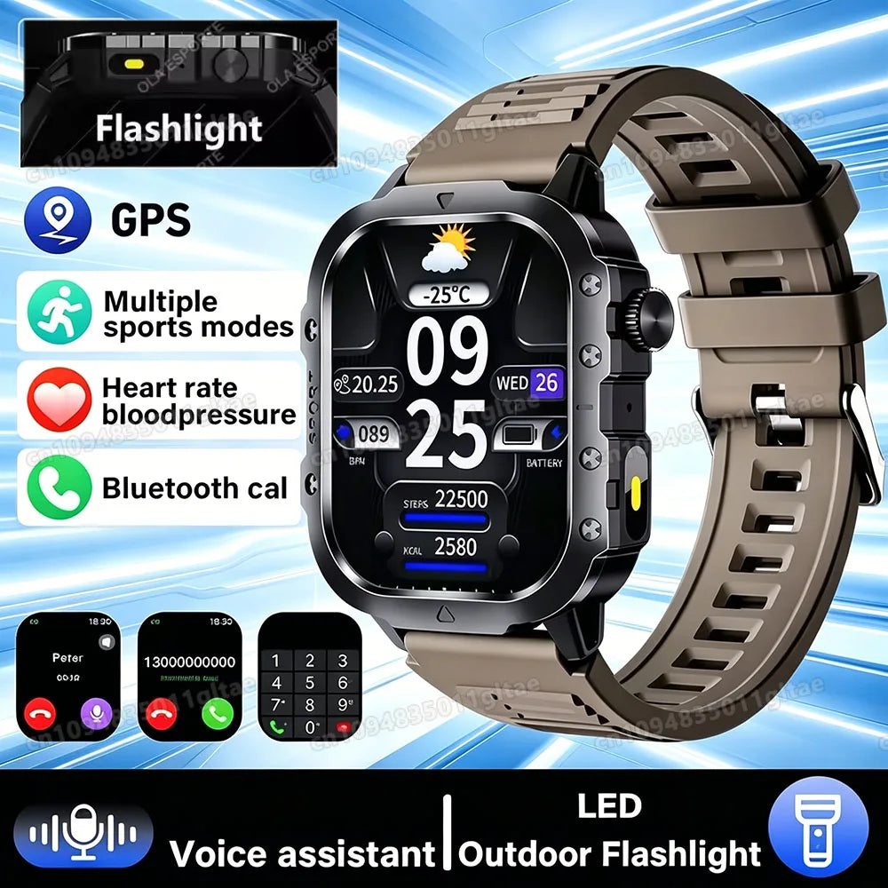 2026 New Military-grade Smart Watch Men GPS Flashlight 3ATM Waterproof Watch Bluetooth Call 100+Sport Outdoor Smartwatch Pk Hw12